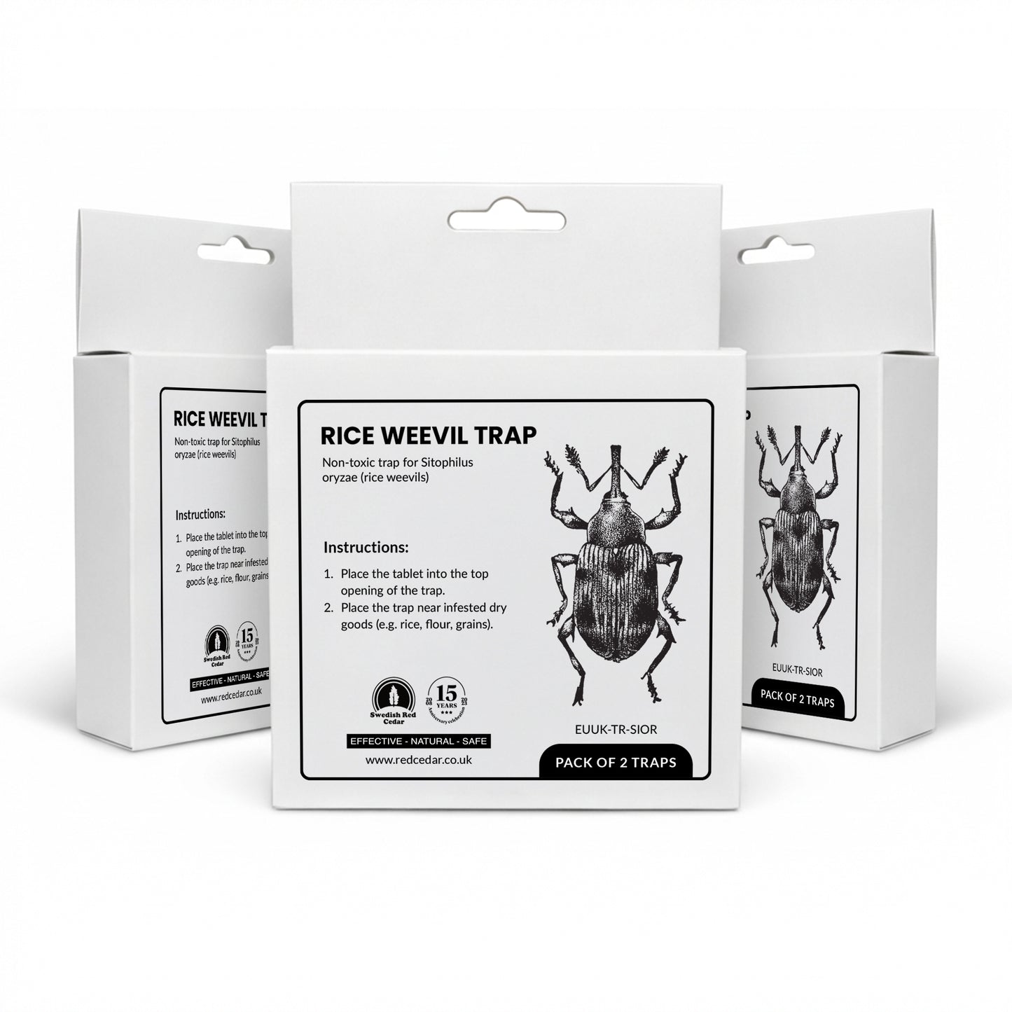 Three boxes of Swedish Red Cedar Rice Weevil Trap on a white background