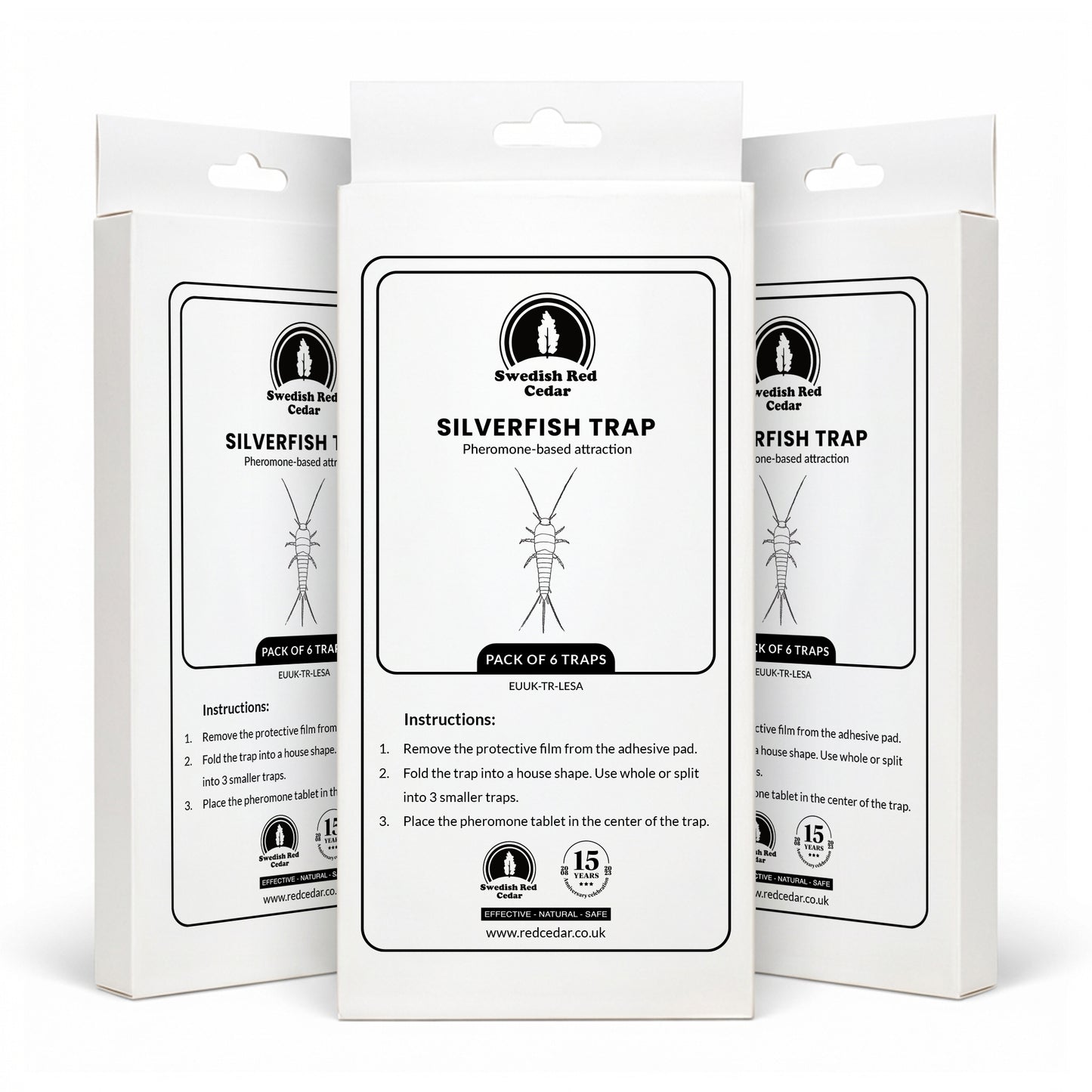 Three boxes of Swedish Red Cedar Silverfish Trap on a white background