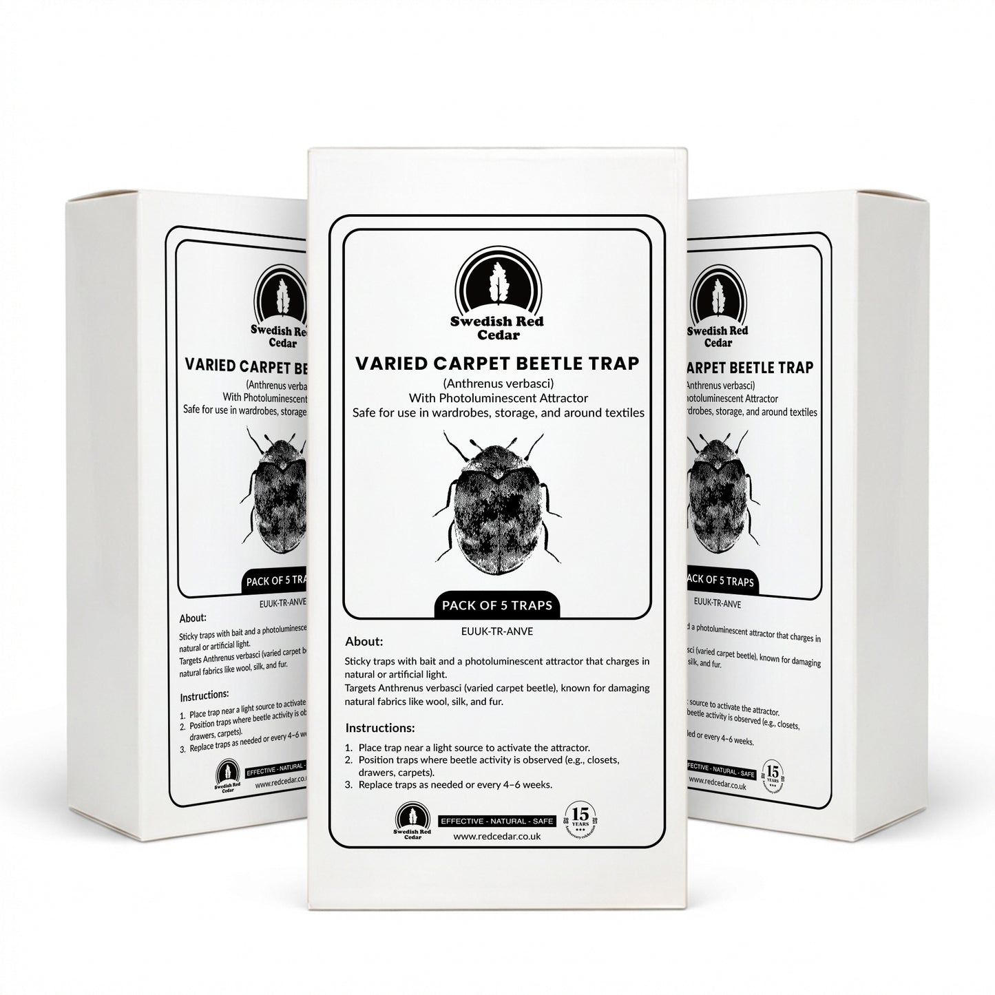 Three boxes of Swedish Red Cedar Three Varied Carpet Beetle Trap on a white background