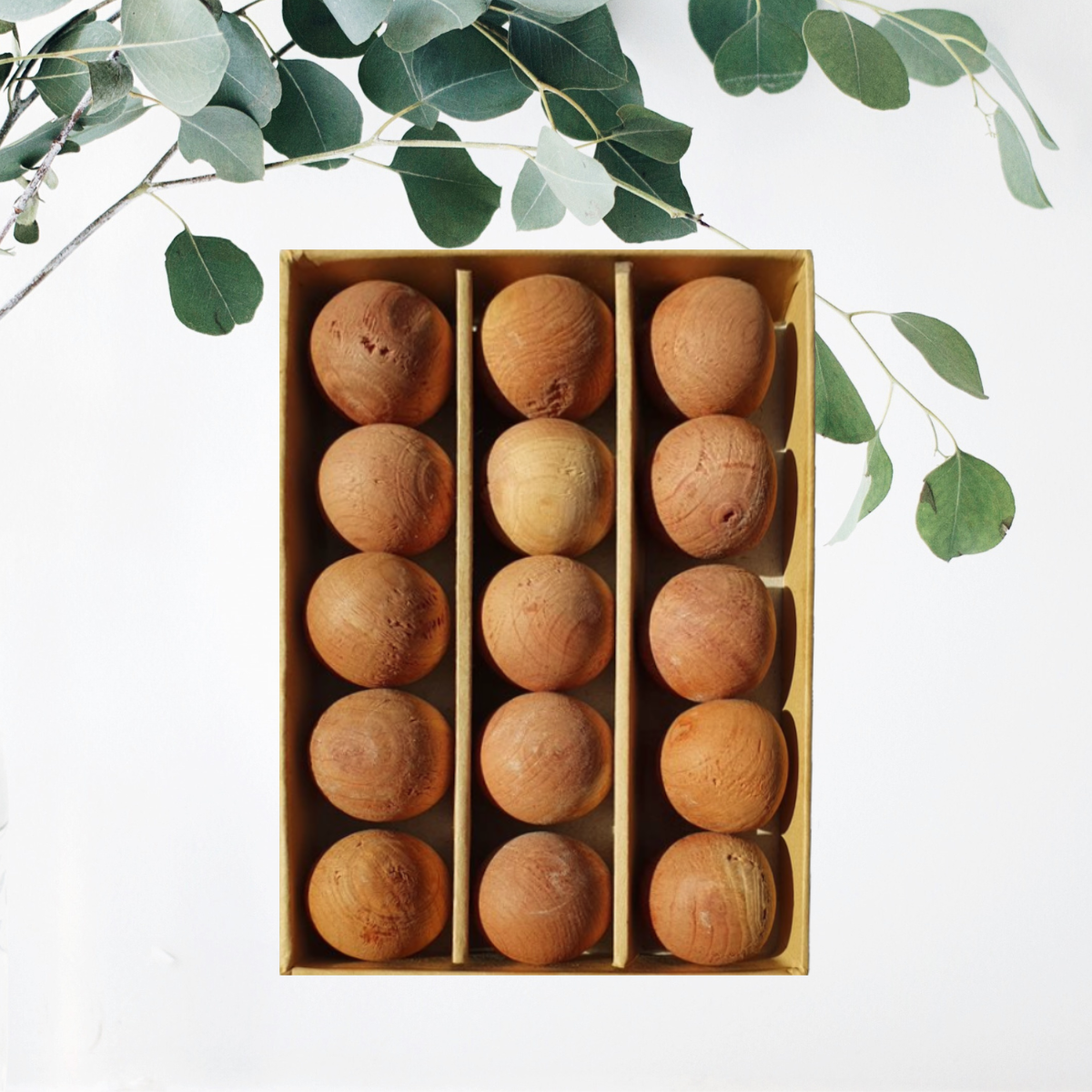 A pack of red cedar wood balls. Leaves in the background.
