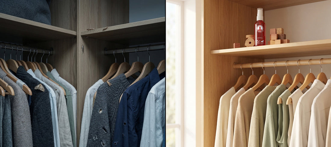 Closet comparison showing moth-damaged wool clothes with holes and moths on the left, and a clean wardrobe protected with Swedish red cedar blocks and cedar oil spray on the right.