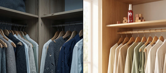 Closet comparison showing moth-damaged wool clothes with holes and moths on the left, and a clean wardrobe protected with Swedish red cedar blocks and cedar oil spray on the right.