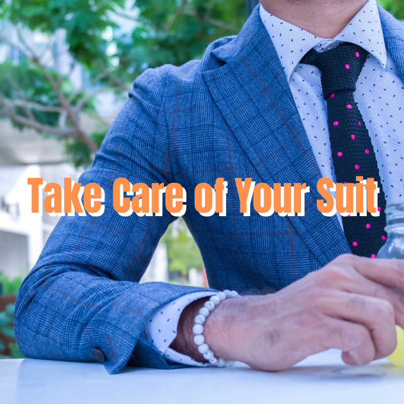 A man in a blue suit and the text Care of Your Suit in orange.