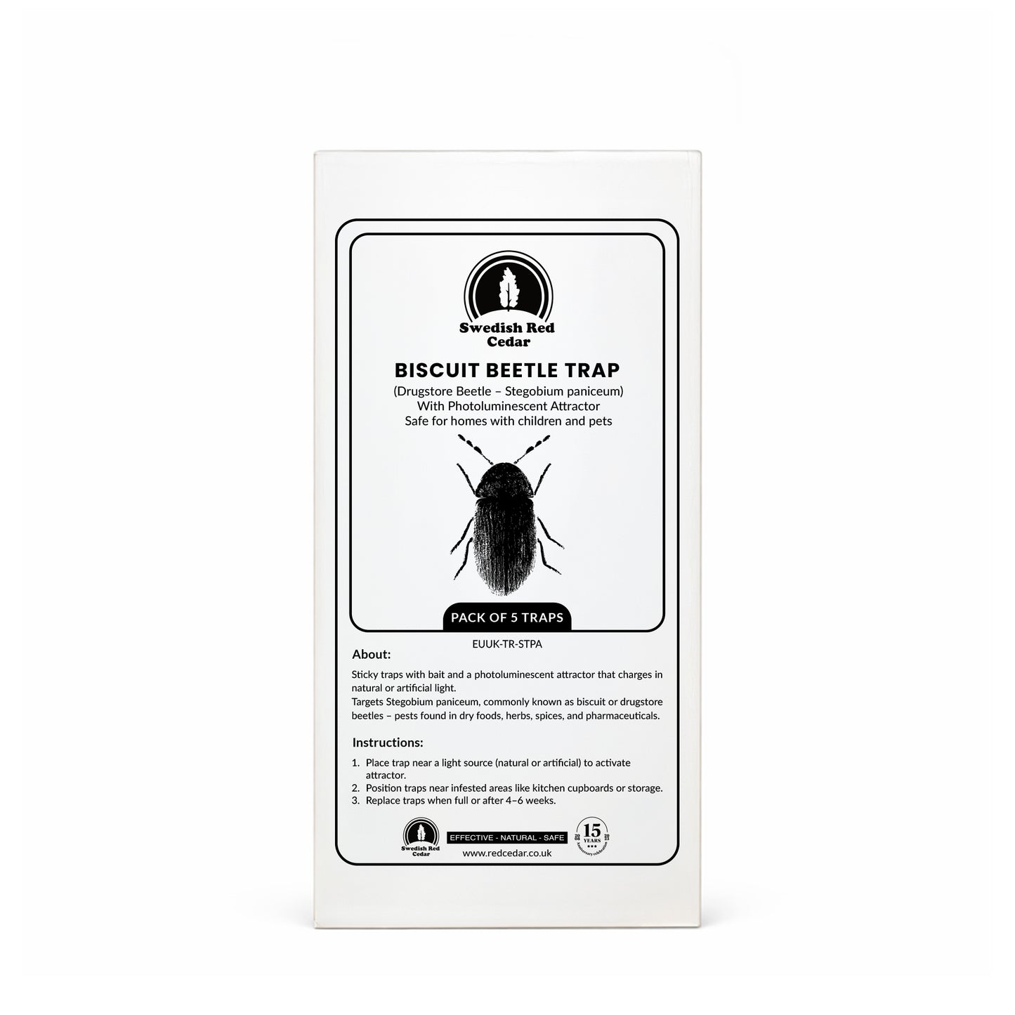 Packaging of Swedish Red Cedar Biscuit beetle Trap on a white background