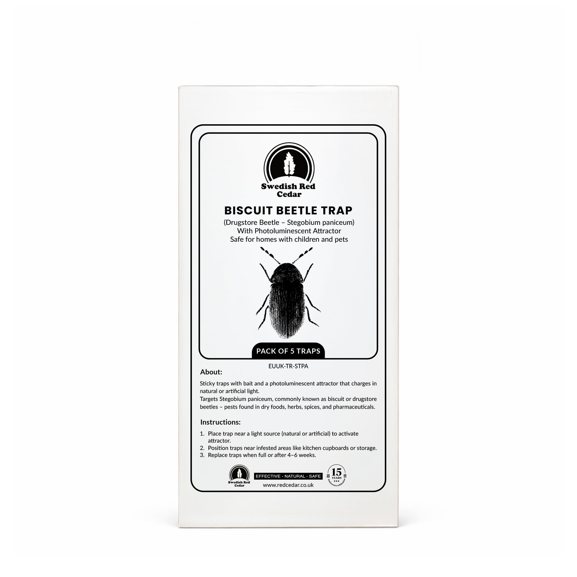 Packaging of Swedish Red Cedar Biscuit beetle Trap on a white background