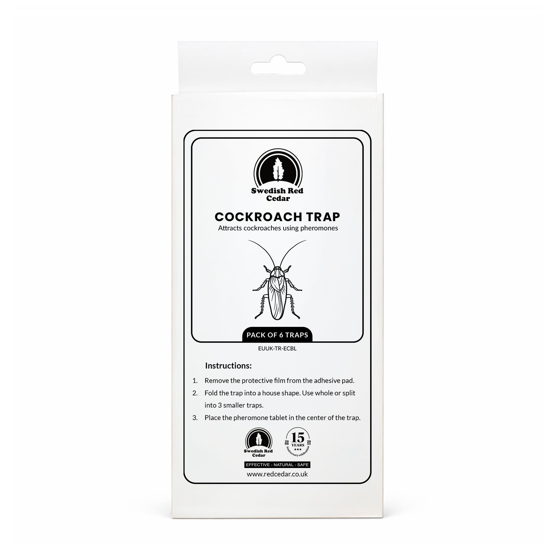 Packaging of Swedish Red Cedar Cockroach Trap on a white background