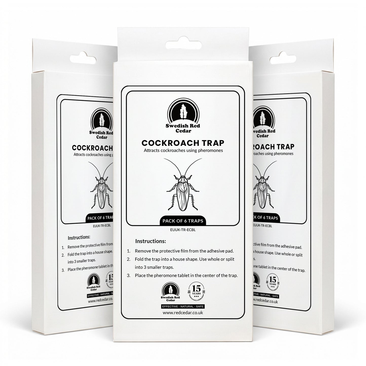Three boxes of Swedish Red Cedar Cockroach Trap on a white background