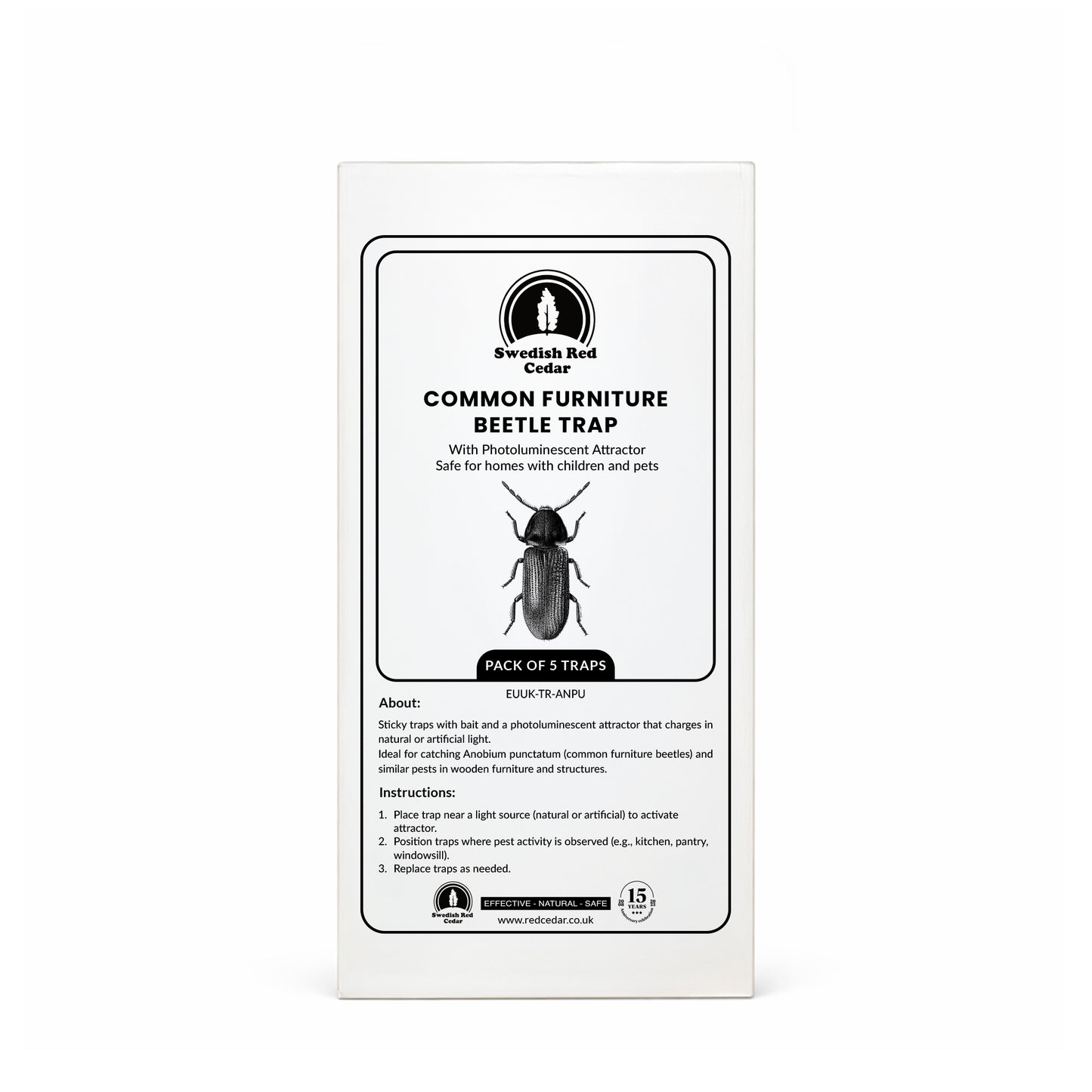 Packaging of Swedish Red Cedar Common Furniture Beetle Trap on a white background