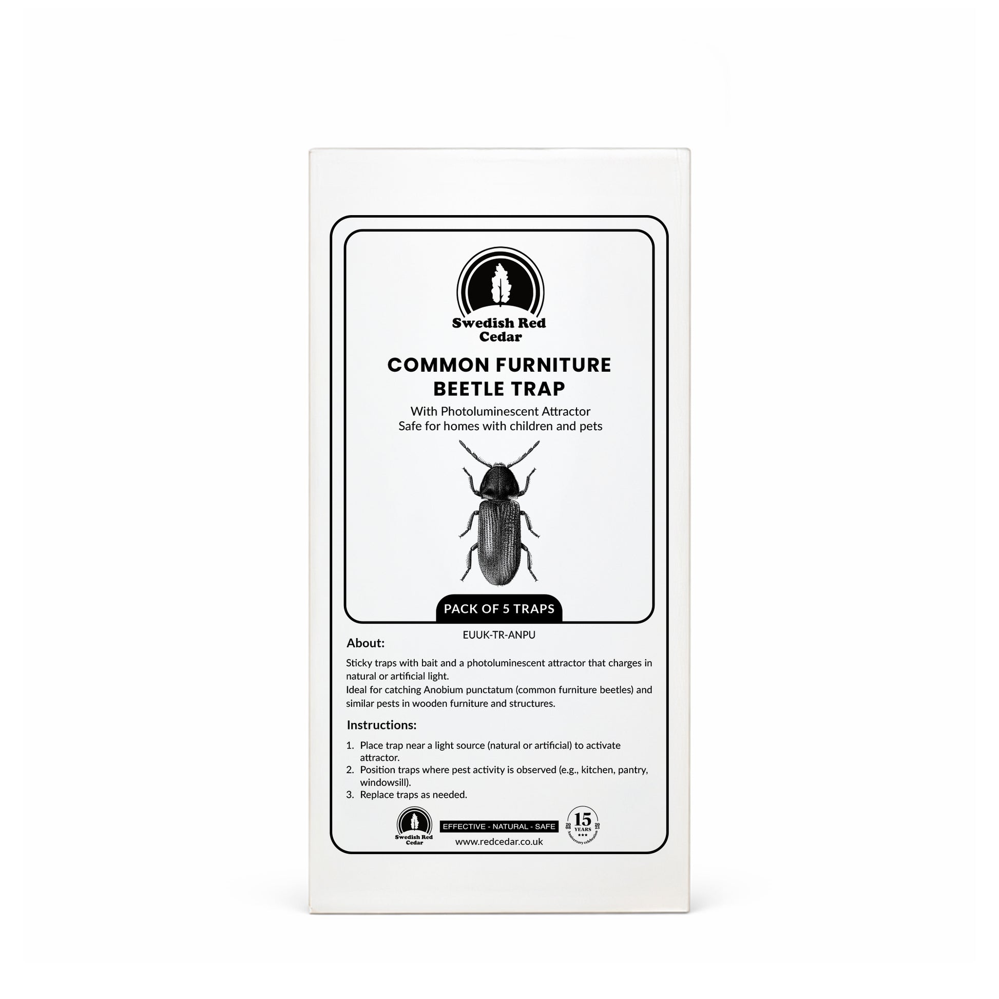 Packaging of Swedish Red Cedar Common Furniture Beetle Trap on a white background