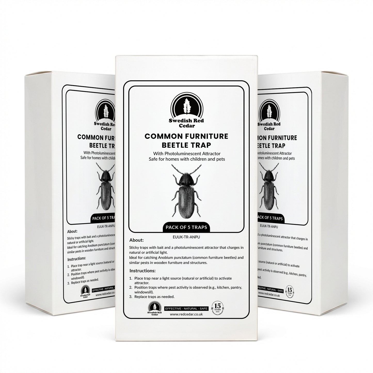 Three boxes of Swedish Red Cedar Common Furniture Beetle Trap on a white background
