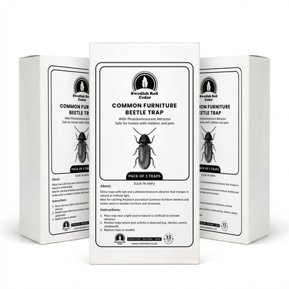 Three boxes of Swedish Red Cedar Common Furniture Beetle Trap on a white background