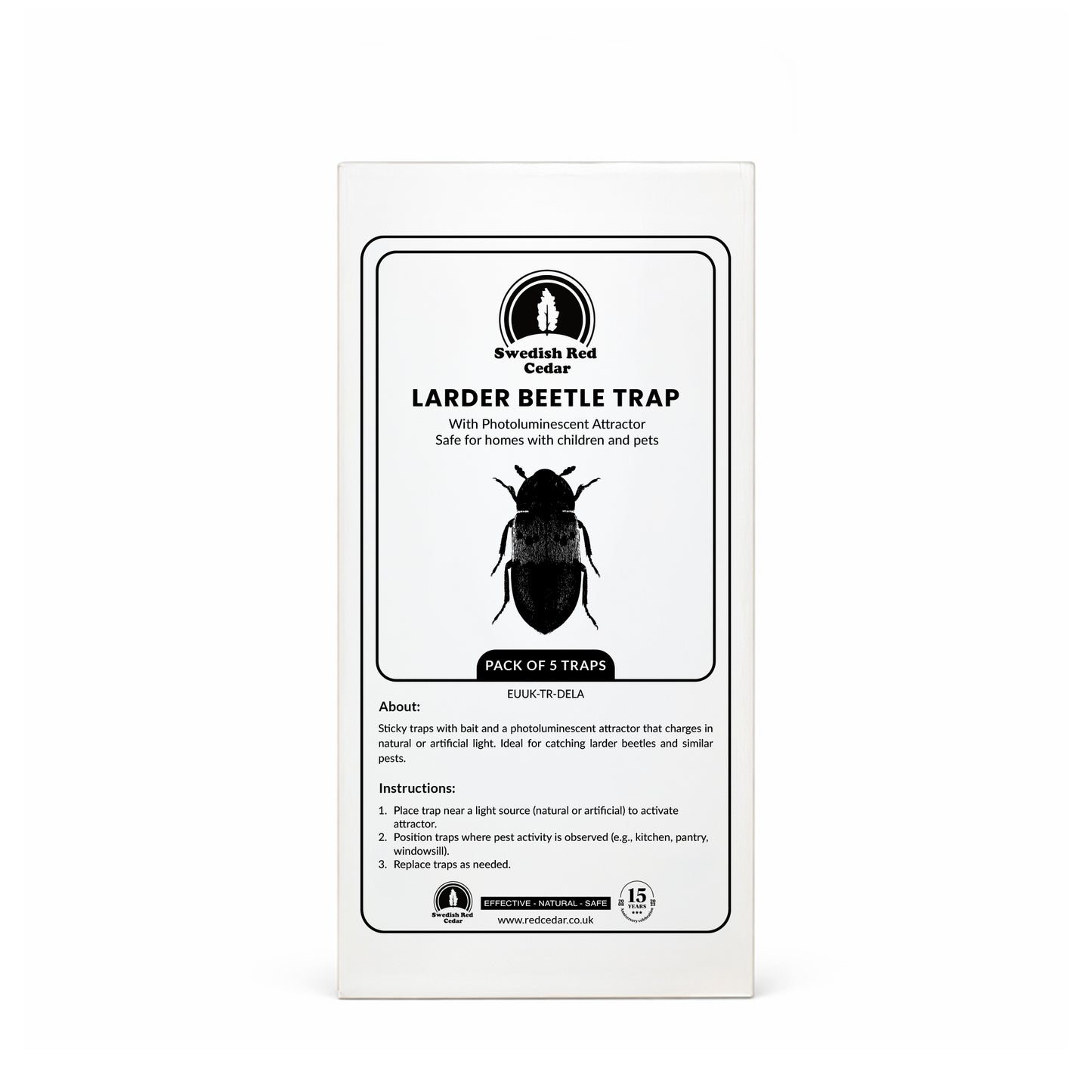 Packaging of Swedish Red Cedar Larder Beetle Trap on a white background