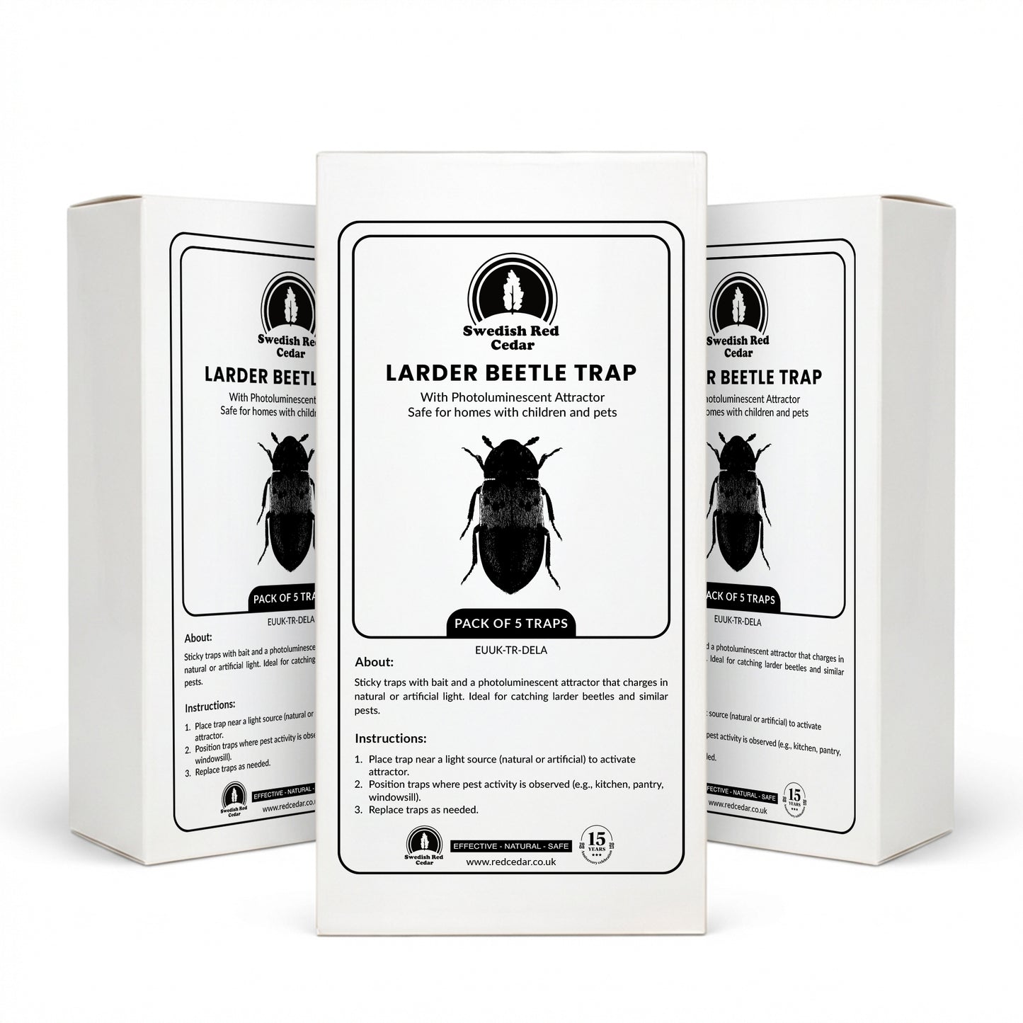 Three boxes of Swedish Red Cedar Larder Beetle Trap on a white background