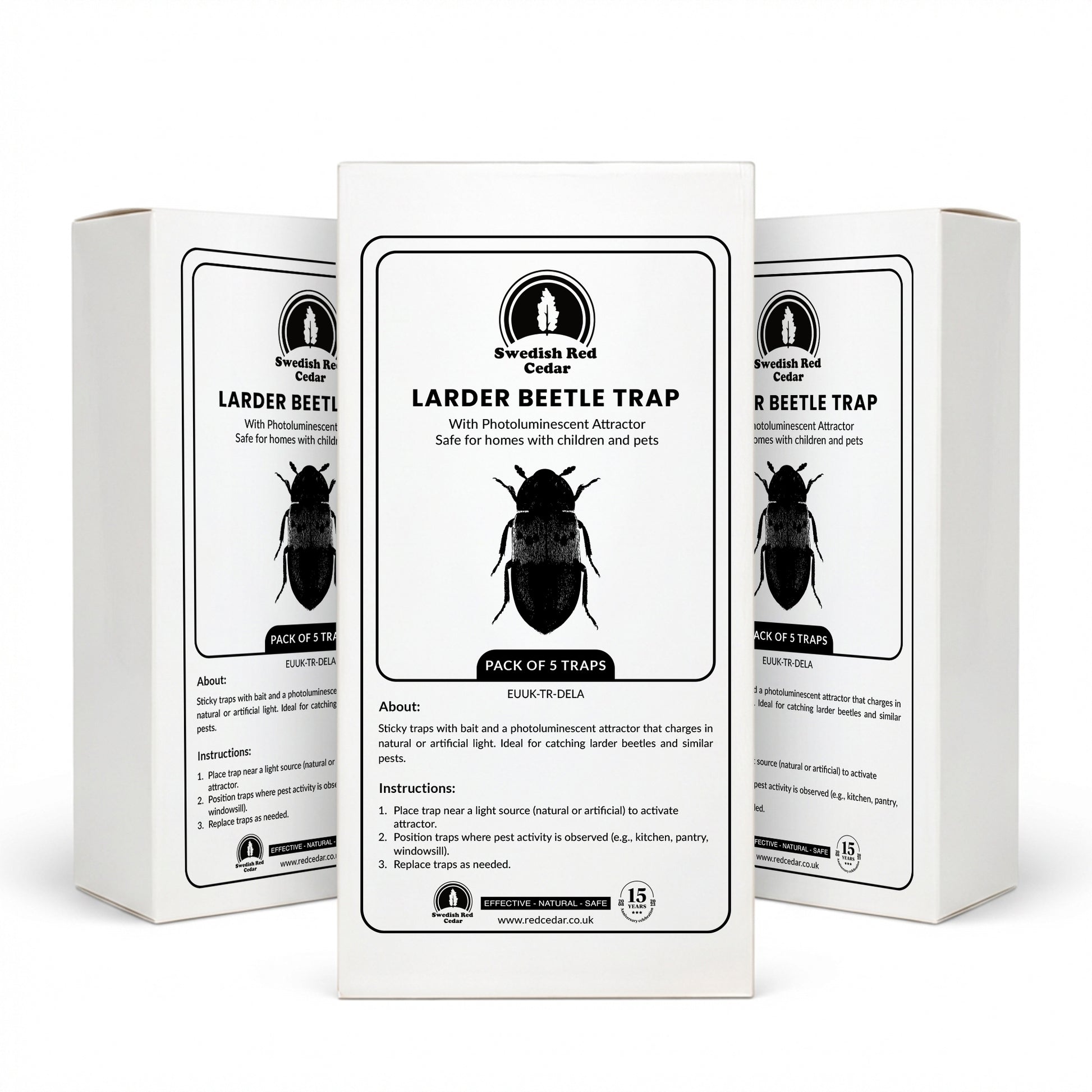 Three boxes of Swedish Red Cedar Larder Beetle Trap on a white background