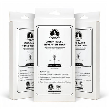 Three boxes of Swedish Red Cedar Long-Tailed Silverfish Trap on a white background