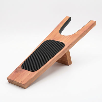 Premium cedarwood boot jack with black ribbed foot pad – front angle