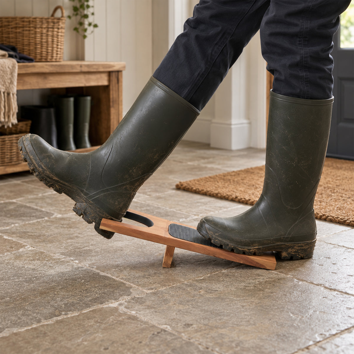 Man using a premium cedarwood boot jack to remove Wellington boots