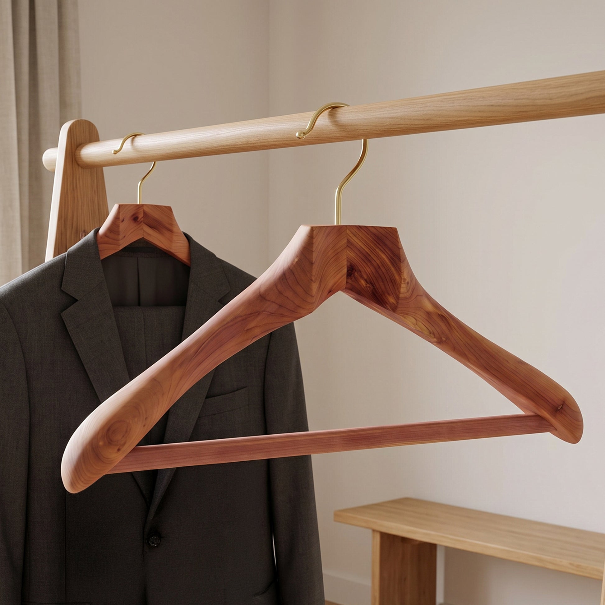 Swedish red cedar suit hanger holding a jacket in a modern wardrobe