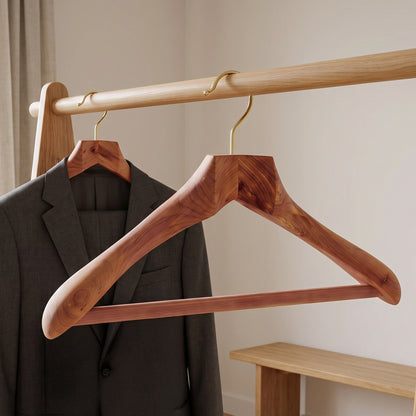 Swedish red cedar suit hanger holding a jacket in a modern wardrobe