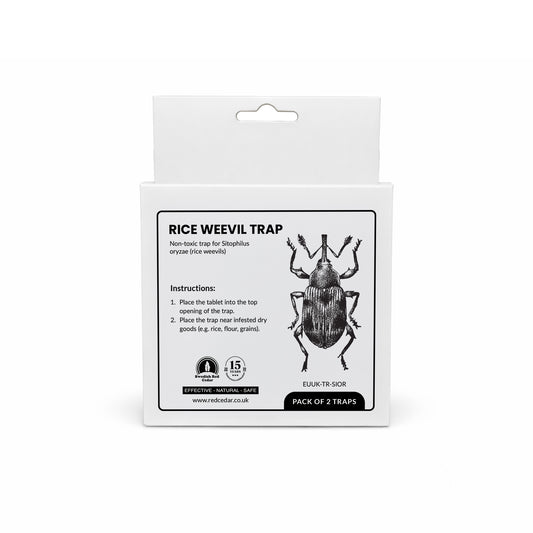 Packaging of Swedish Red Cedar Rice weevil Trap on a white background