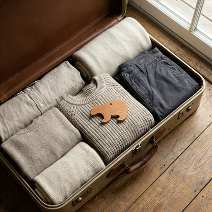 Cedarwood bear placed inside a suitcase among folded clothes for natural moth protection
