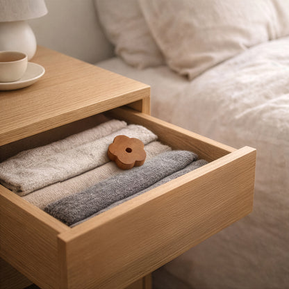 Thin cedarwood flower placed inside a drawer among folded textiles for moth protection

