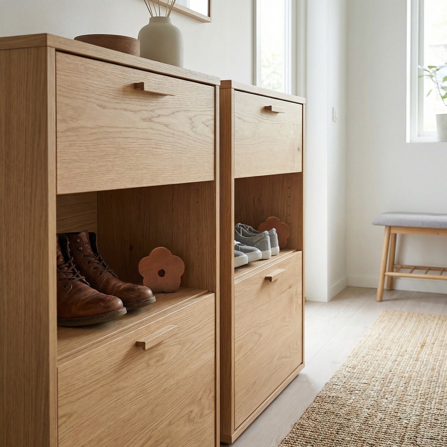 Thin cedarwood flower placed inside shoe storage cabinet to help protect stored items

