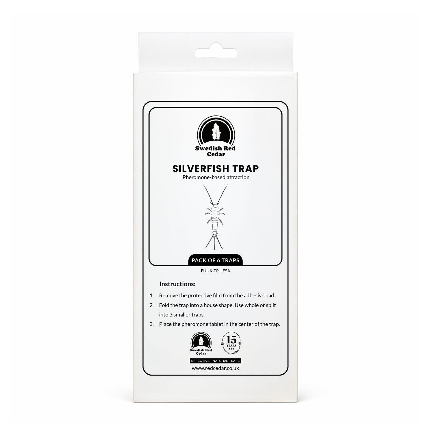 Packaging of Swedish Red Cedar Silverfish Trap on a white background