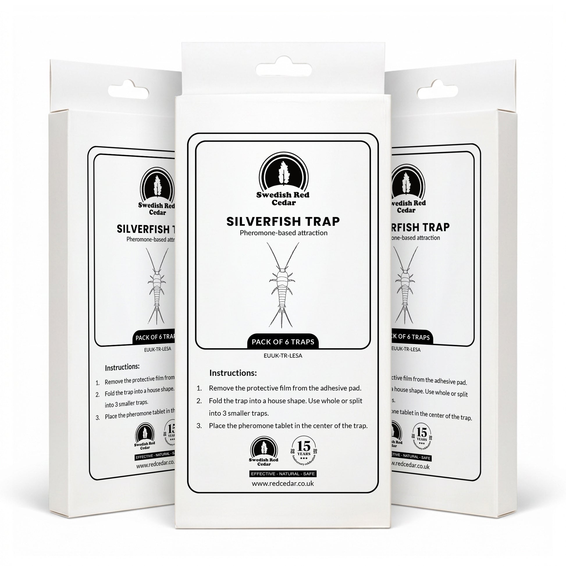 Three boxes of Swedish Red Cedar Silverfish Trap on a white background