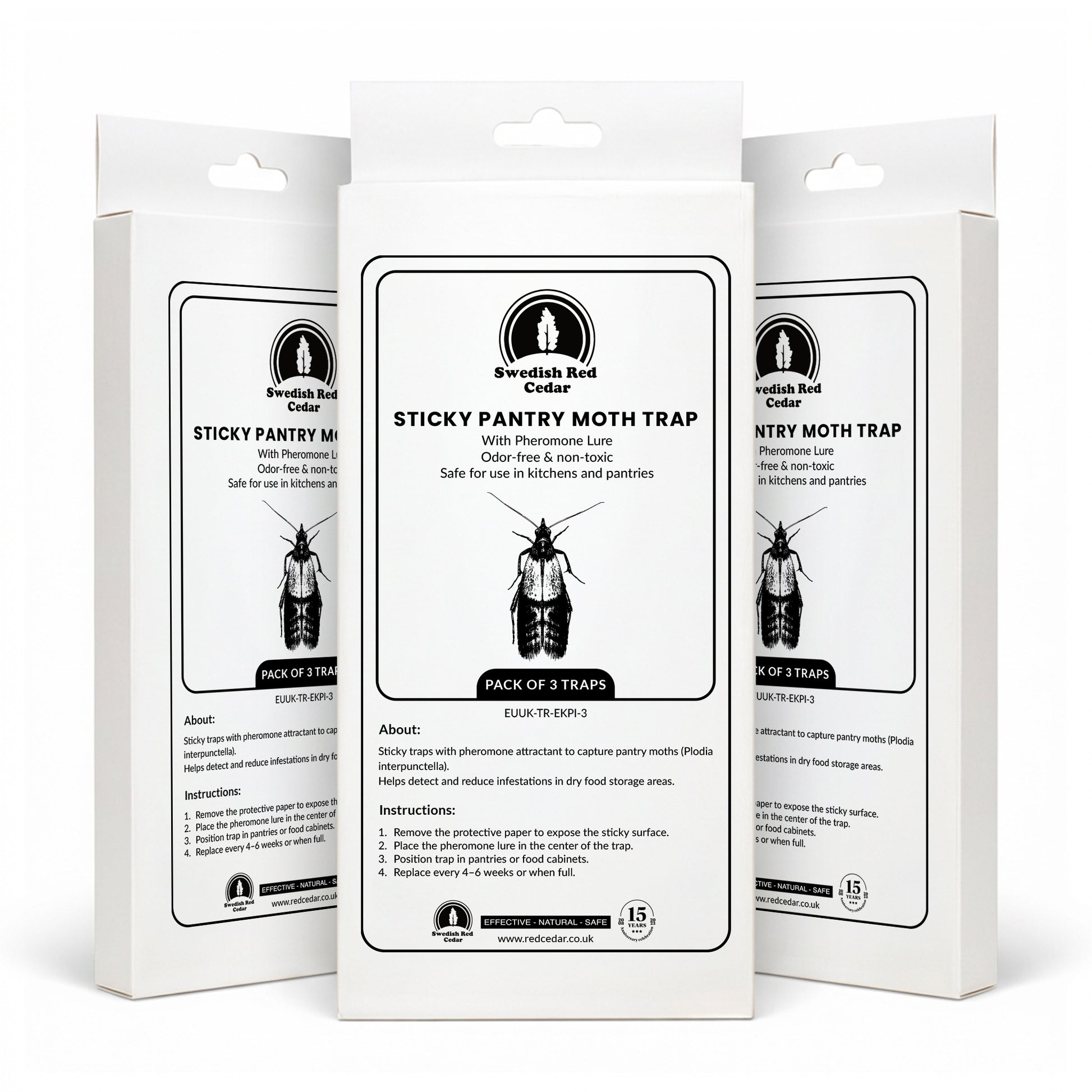 Three boxes of Swedish Red Cedar Sticky Pantry Moth Trap with Pheromones on a white background