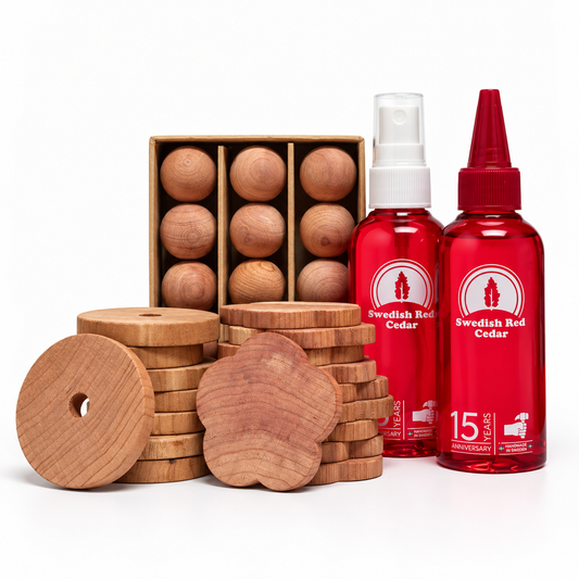 Swedish Red Cedar Value Pack with cedar oil spray, oil drops, moth balls, discs and cedarwood flowers