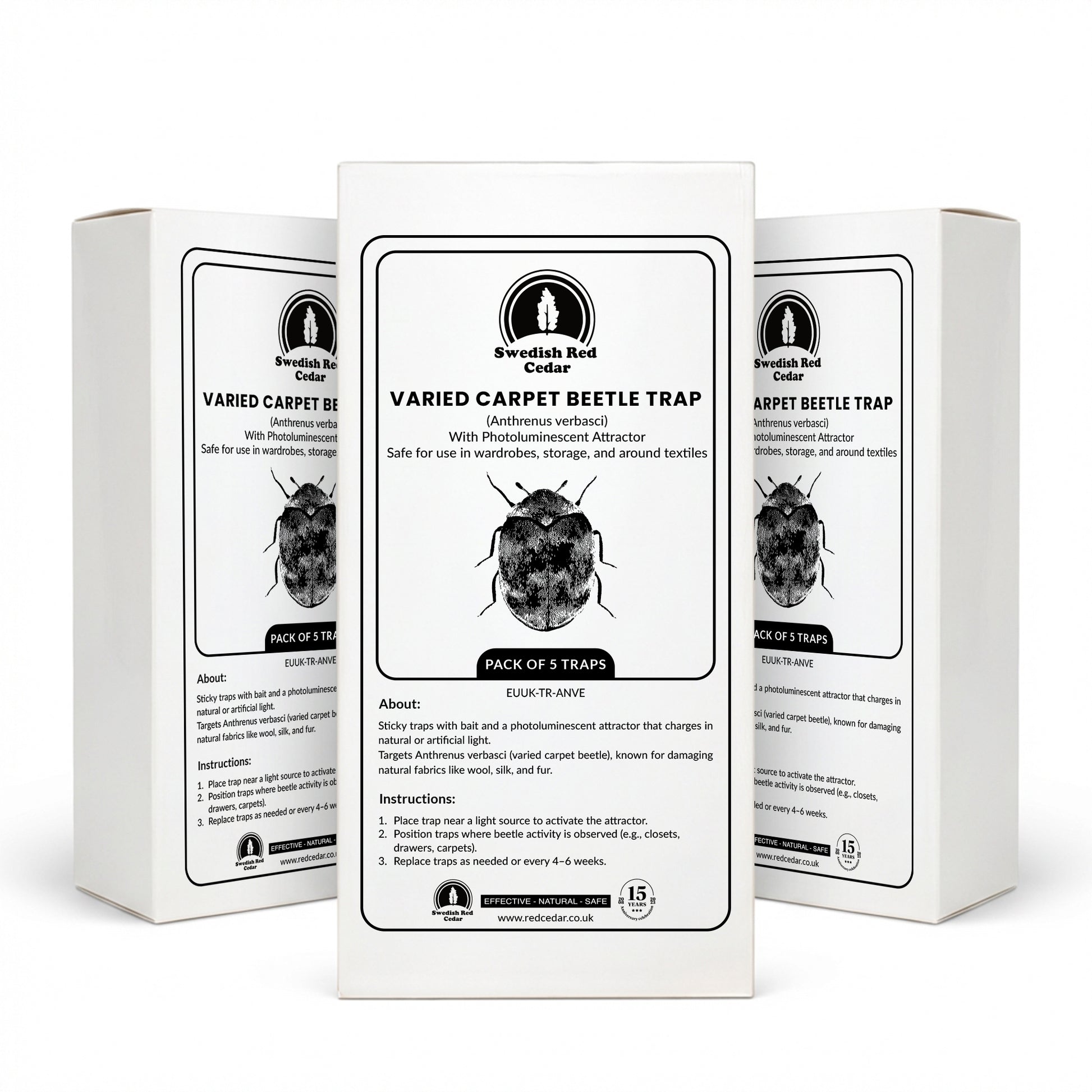 Three boxes of Swedish Red Cedar Three Varied Carpet Beetle Trap on a white background